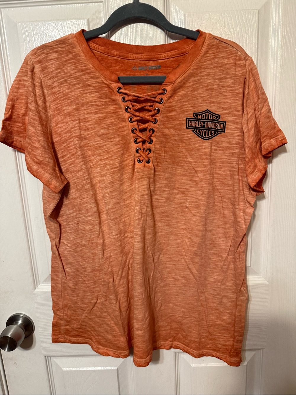 Harley-Davidson Women's Orange Lace-Up V-Neck Tee with Logo